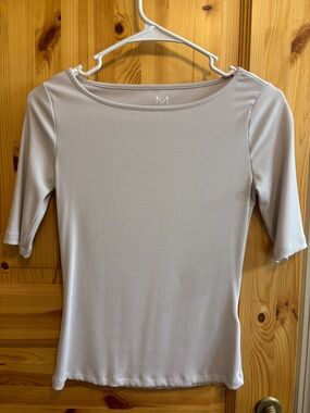 Magaschoni Light Gray crème Ribbed Boatneck Elbow-Sleeve Top